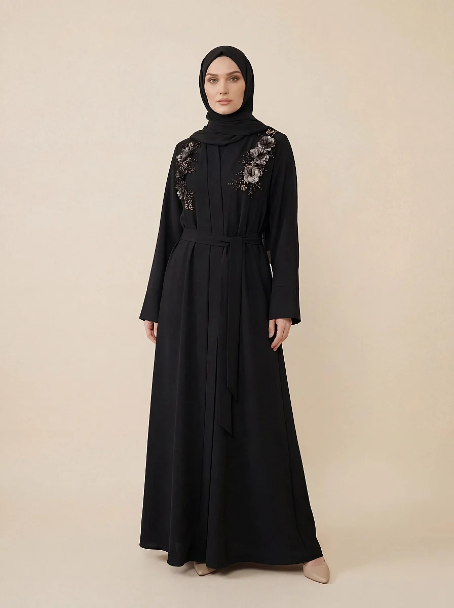 Abaya Takım Çiçek Aplikeli Taş Boncuk Detaylı Kuşaklı Uzun Kollu Siyah 9679-26 - 1