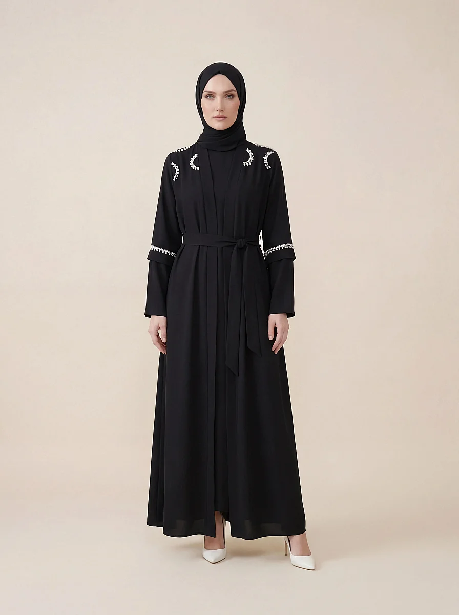 Abaya Yarım Kol İnci Taş Detaylı Kuşaklı Açık Ön Ferace 9629-26 - Siyah - 1
