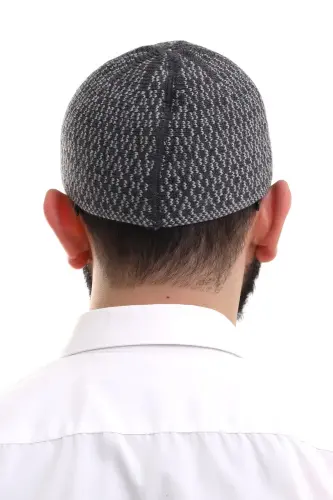 Açık Gri Kışlık Orlon Namaz Takkesi Baklava Desenli Takke - 6