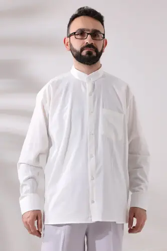 Açık Krem Erkek Bol Kesim Tek Cepli Hakim Yaka Hac ve Umre Keten Gömlek 