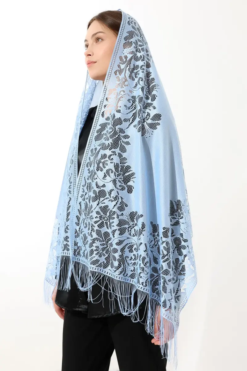 Açık Mavi Püsküllü Tül Şal Mevlüt Örtüsü - 2