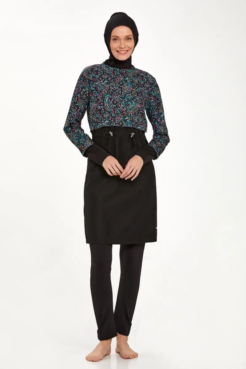 Adasea 1417 Siyah Crop Görünümlü Tam Kapalı Tesettür Mayo - 2