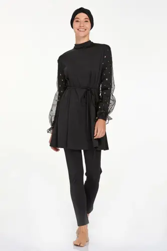 Adasea 4557 Siyah Likralı Şifon Kol Detaylı Tam Kapalı Tesettür Mayo Takımı - 1