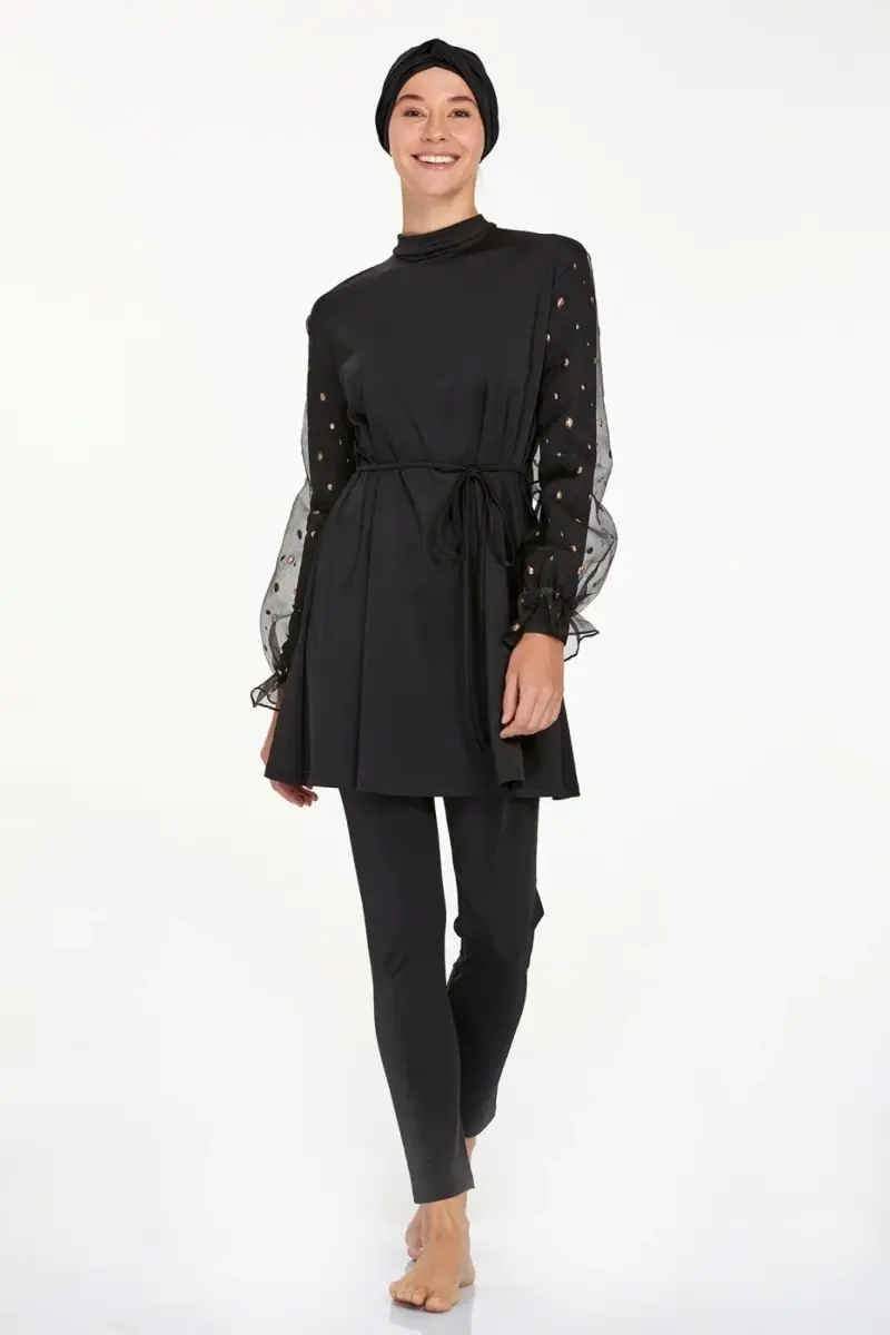 Adasea 4557 Siyah Likralı Şifon Kol Detaylı Tam Kapalı Tesettür Mayo Takımı - 1