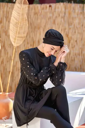 Adasea 4557 Siyah Likralı Şifon Kol Detaylı Tam Kapalı Tesettür Mayo Takımı - Adasea (1)