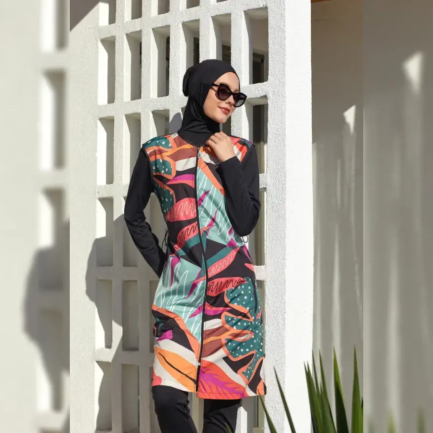 Adasea Kali Uzun Kollu Desenli Hızlı Kuruyan Tam Tesettür Mayo 1304-25 Siyah - 1