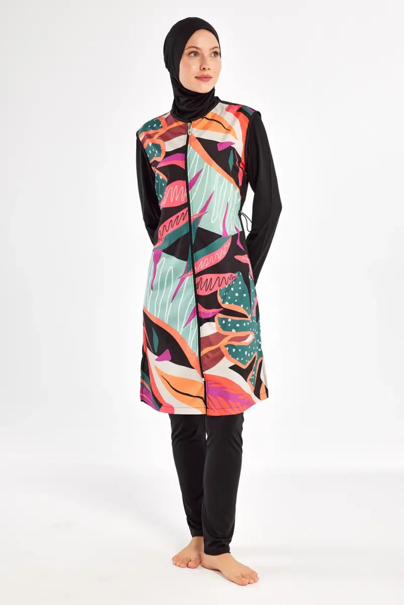 Adasea Kali Uzun Kollu Desenli Hızlı Kuruyan Tam Tesettür Mayo 1304-25 Siyah - 2