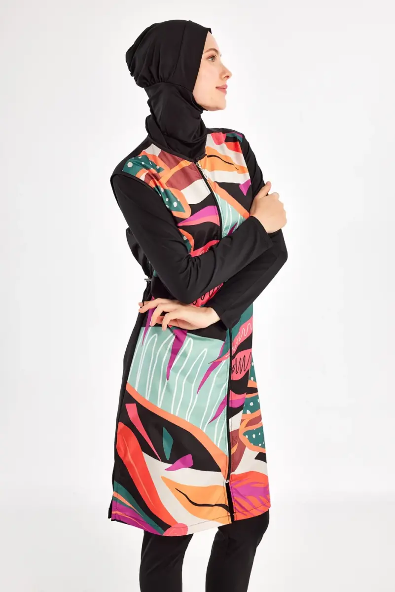 Adasea Kali Uzun Kollu Desenli Hızlı Kuruyan Tam Tesettür Mayo 1304-25 Siyah - 4