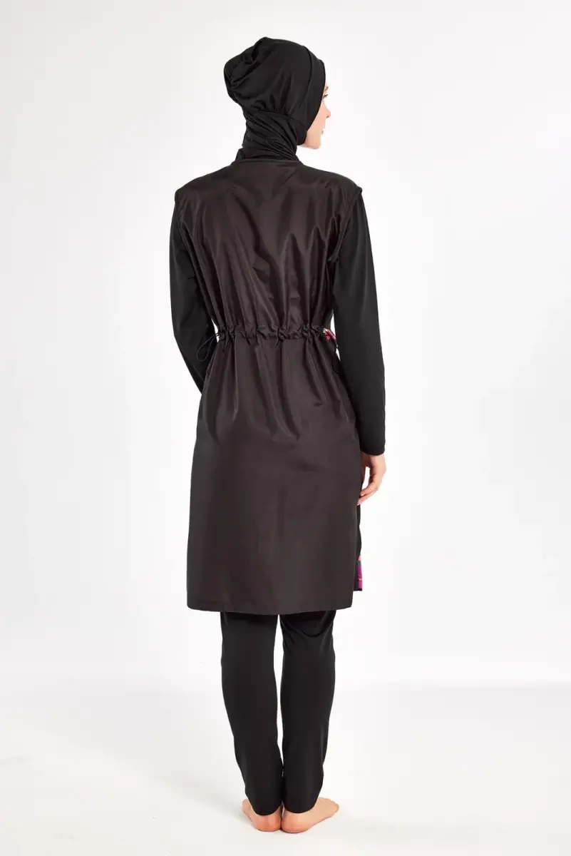 Adasea Kali Uzun Kollu Desenli Hızlı Kuruyan Tam Tesettür Mayo 1304-25 Siyah - 5