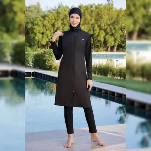 Adasea Tam Kapalı Tesettür Mayo Fermuarlı Dik Yaka, Uzun Kollu, Su İtici Kumaş 1250-25 Siyah - 1