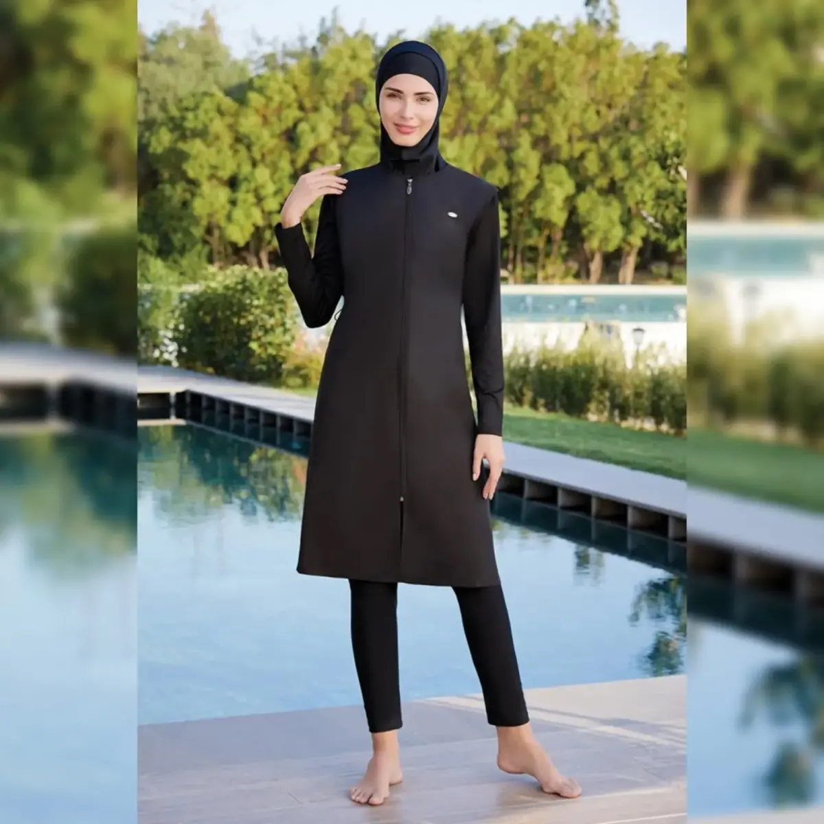Adasea Tam Kapalı Tesettür Mayo Fermuarlı Dik Yaka, Uzun Kollu, Su İtici Kumaş 1250-25 Siyah - 1