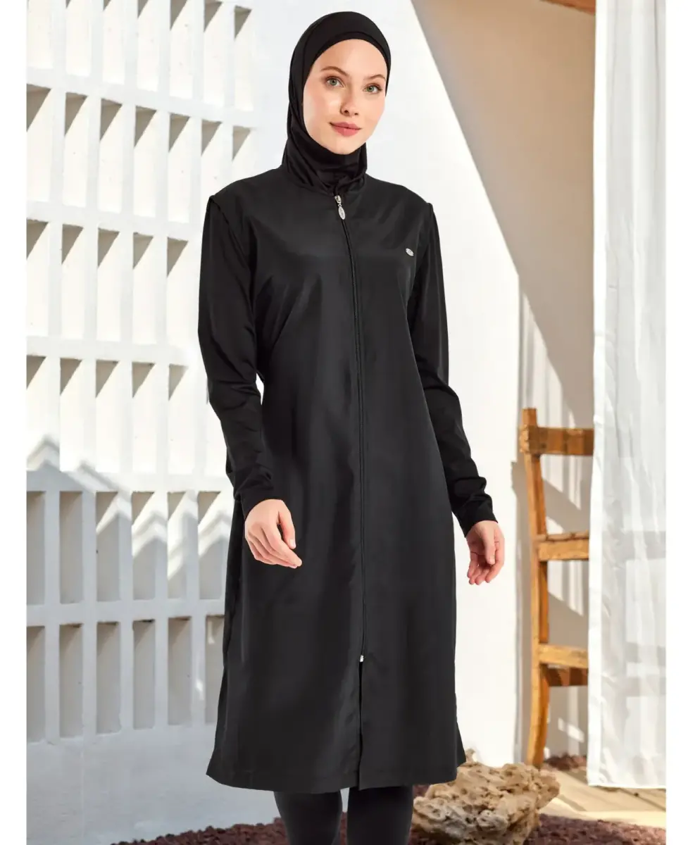 Adasea Tam Kapalı Tesettür Mayo Fermuarlı Dik Yaka, Uzun Kollu, Su İtici Kumaş 1250-25 Siyah - 2