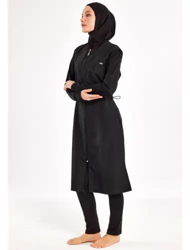 Adasea Tam Kapalı Tesettür Mayo Fermuarlı Dik Yaka, Uzun Kollu, Su İtici Kumaş 1250-25 Siyah - 4