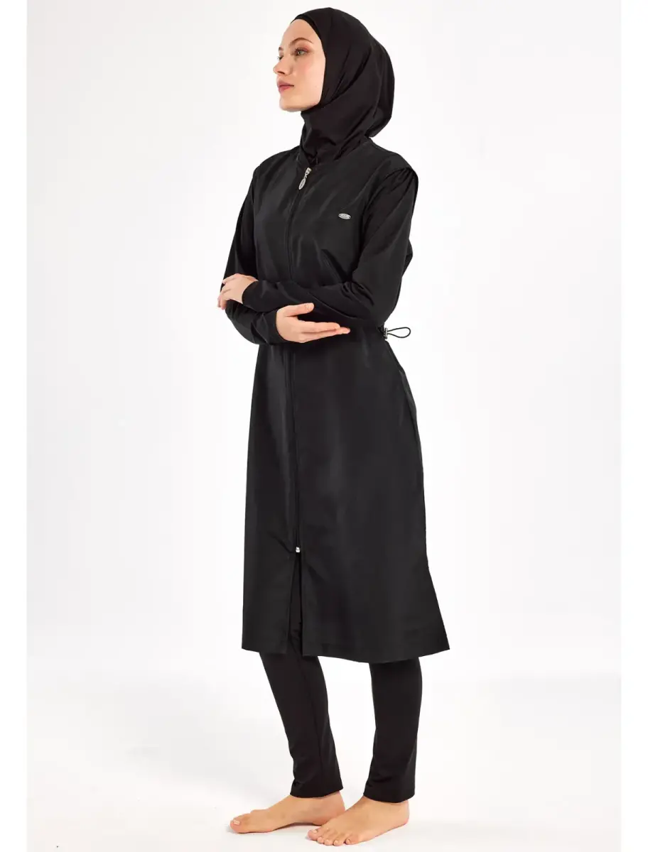 Adasea Tam Kapalı Tesettür Mayo Fermuarlı Dik Yaka, Uzun Kollu, Su İtici Kumaş 1250-25 Siyah - 4