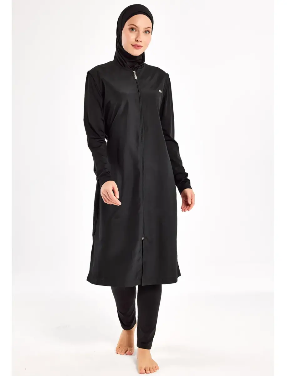 Adasea Tam Kapalı Tesettür Mayo Fermuarlı Dik Yaka, Uzun Kollu, Su İtici Kumaş 1250-25 Siyah - 5