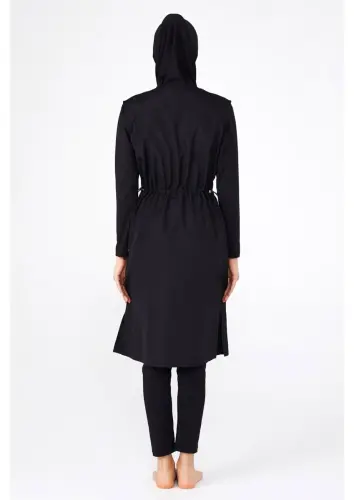 Adasea Tam Kapalı Tesettür Mayo Fermuarlı Dik Yaka, Uzun Kollu, Su İtici Kumaş 1250-25 Siyah - 6