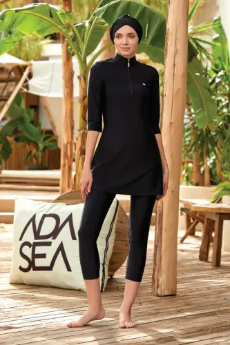 Adasea Truvakar Sleeve Battal Large Size Fully Covered Hijab Swimsuit 3400-23 Black - 1
