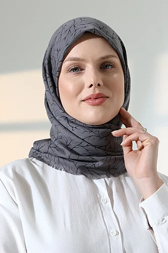 Ağaç Desenli Pamuklu Eşarp, Yumuşak Dokulu Flamlı Yazma Başörtüsü - Antrasit - ihvanonline (1)