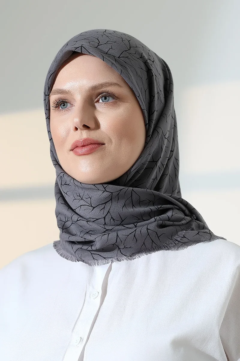 Ağaç Desenli Pamuklu Eşarp, Yumuşak Dokulu Flamlı Yazma Başörtüsü - Antrasit - 3