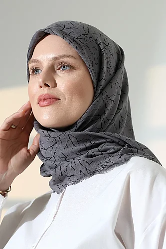 Ağaç Desenli Pamuklu Eşarp, Yumuşak Dokulu Flamlı Yazma Başörtüsü - Antrasit - 4