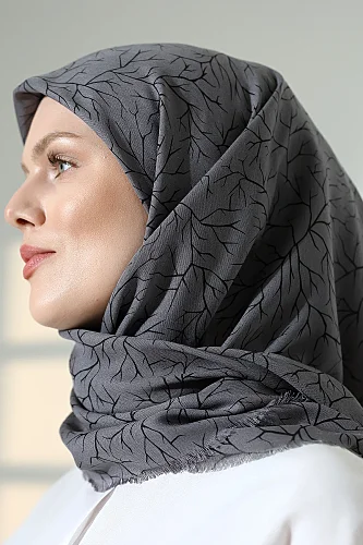 Ağaç Desenli Pamuklu Eşarp, Yumuşak Dokulu Flamlı Yazma Başörtüsü - Antrasit - 7
