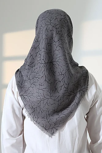 Ağaç Desenli Pamuklu Eşarp, Yumuşak Dokulu Flamlı Yazma Başörtüsü - Antrasit - 8