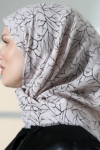 Ağaç Desenli Pamuklu Eşarp, Yumuşak Dokulu Flamlı Yazma Başörtüsü - Bej - 7