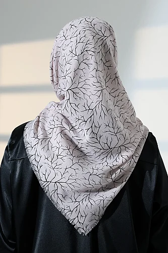 Ağaç Desenli Pamuklu Eşarp, Yumuşak Dokulu Flamlı Yazma Başörtüsü - Bej - 8