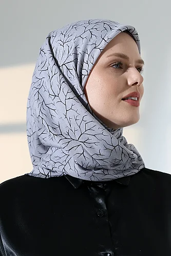Ağaç Desenli Pamuklu Eşarp, Yumuşak Dokulu Flamlı Yazma Başörtüsü - Gri 