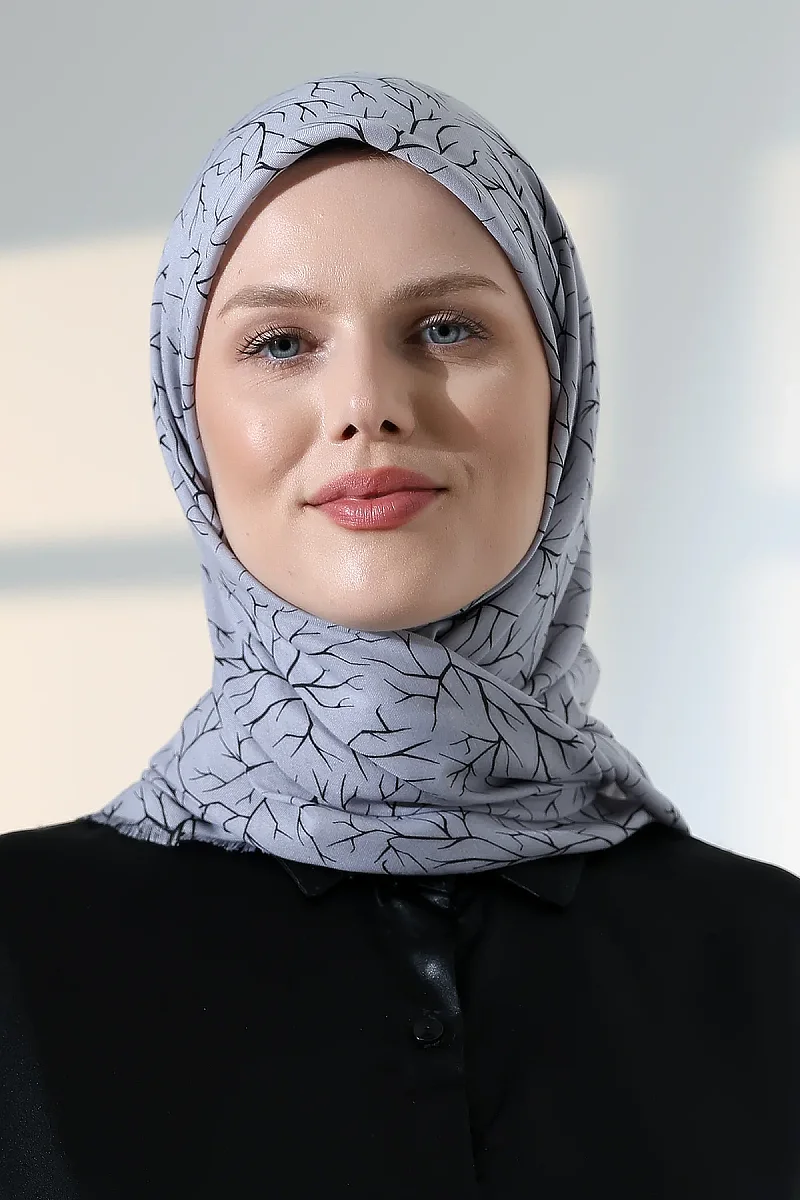 Ağaç Desenli Pamuklu Eşarp, Yumuşak Dokulu Flamlı Yazma Başörtüsü - Gri - 2