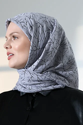 Ağaç Desenli Pamuklu Eşarp, Yumuşak Dokulu Flamlı Yazma Başörtüsü - Gri - 5