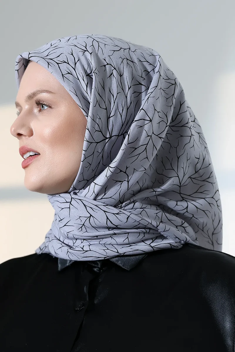 Ağaç Desenli Pamuklu Eşarp, Yumuşak Dokulu Flamlı Yazma Başörtüsü - Gri - 5