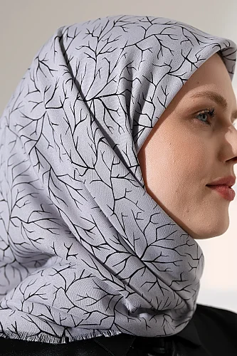 Ağaç Desenli Pamuklu Eşarp, Yumuşak Dokulu Flamlı Yazma Başörtüsü - Gri - 7