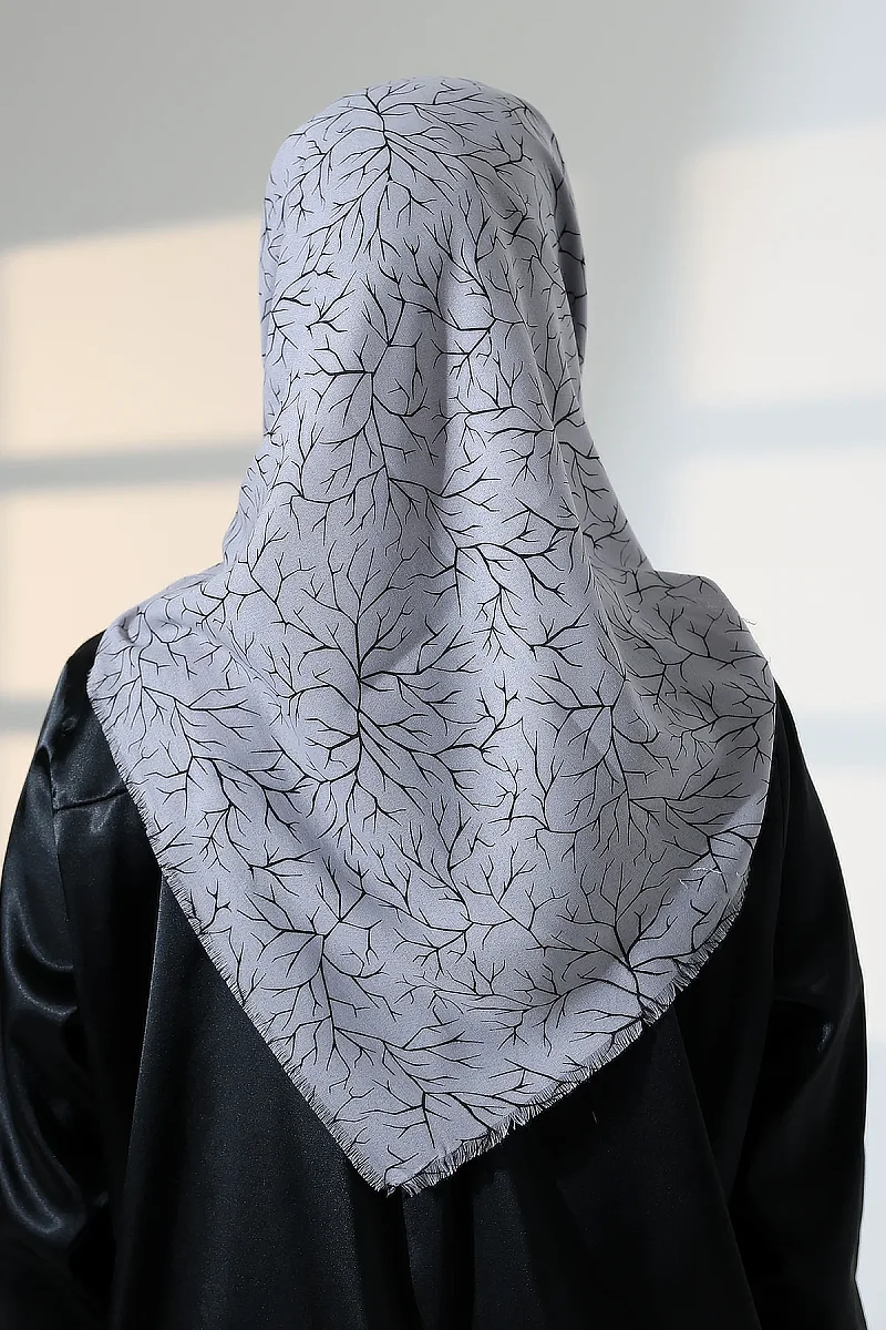 Ağaç Desenli Pamuklu Eşarp, Yumuşak Dokulu Flamlı Yazma Başörtüsü - Gri - 8