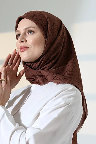 Ağaç Desenli Pamuklu Eşarp, Yumuşak Dokulu Flamlı Yazma Başörtüsü - Kahverengi - 5