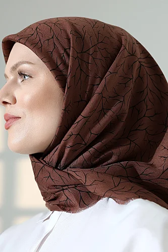Ağaç Desenli Pamuklu Eşarp, Yumuşak Dokulu Flamlı Yazma Başörtüsü - Kahverengi - 7