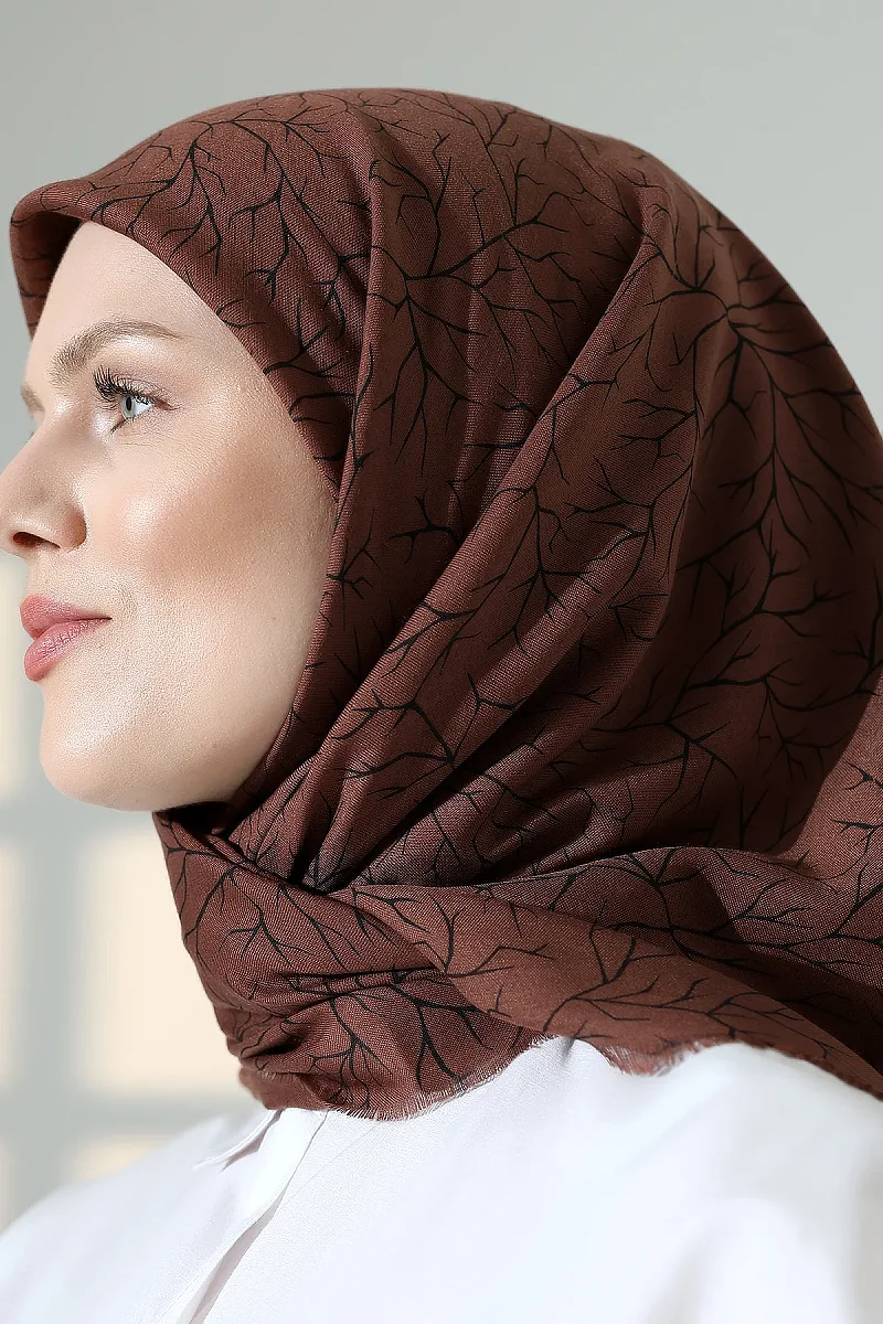 Ağaç Desenli Pamuklu Eşarp, Yumuşak Dokulu Flamlı Yazma Başörtüsü - Kahverengi - 7
