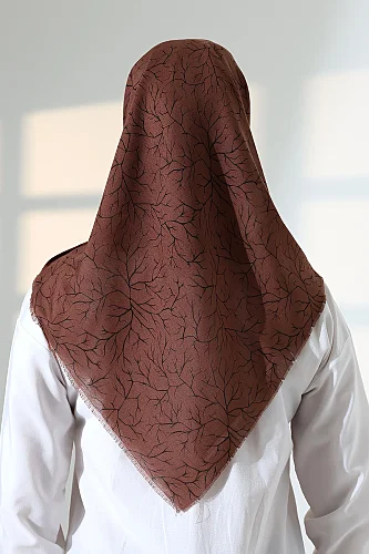 Ağaç Desenli Pamuklu Eşarp, Yumuşak Dokulu Flamlı Yazma Başörtüsü - Kahverengi - 8