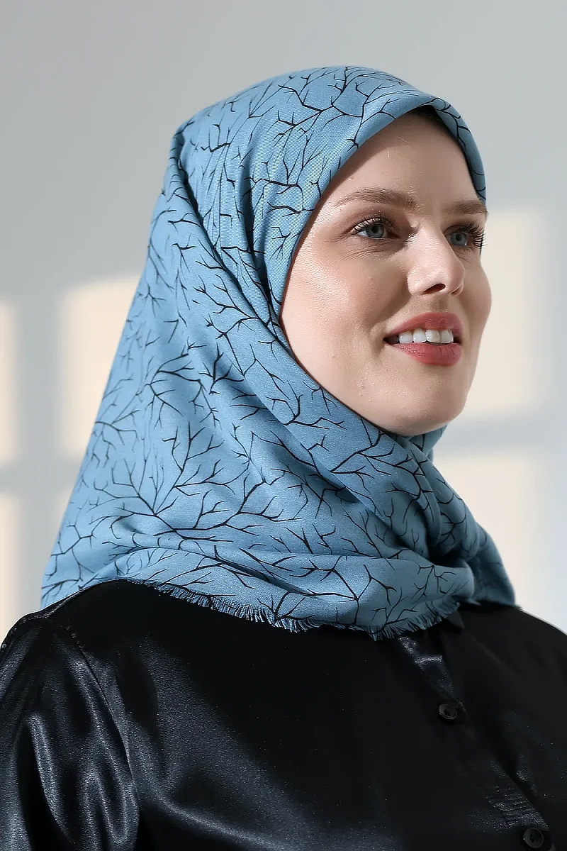 Ağaç Desenli Pamuklu Eşarp, Yumuşak Dokulu Flamlı Yazma Başörtüsü - Mavi - 1