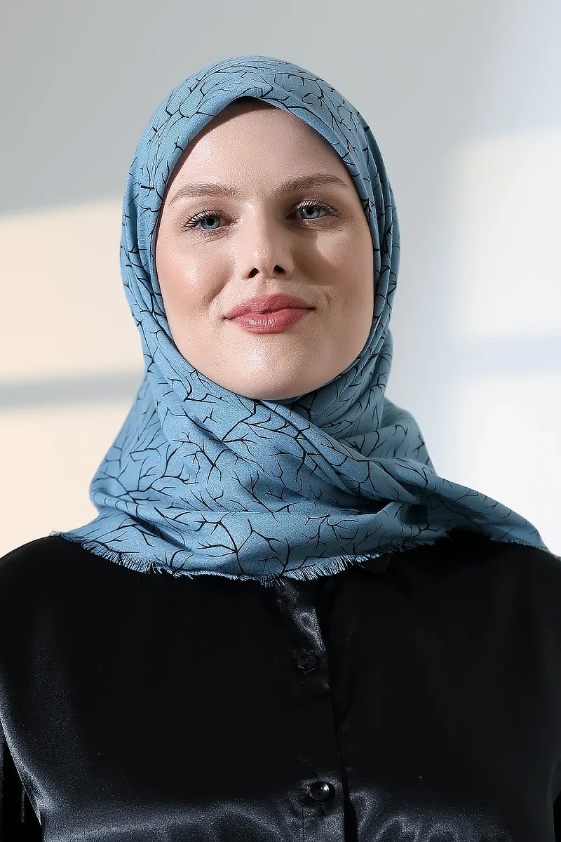 Ağaç Desenli Pamuklu Eşarp, Yumuşak Dokulu Flamlı Yazma Başörtüsü - Mavi - 2