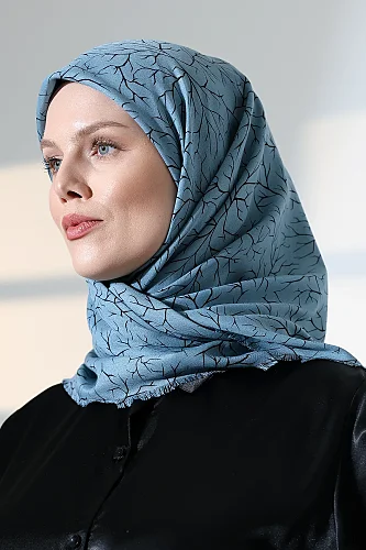 Ağaç Desenli Pamuklu Eşarp, Yumuşak Dokulu Flamlı Yazma Başörtüsü - Mavi - 3