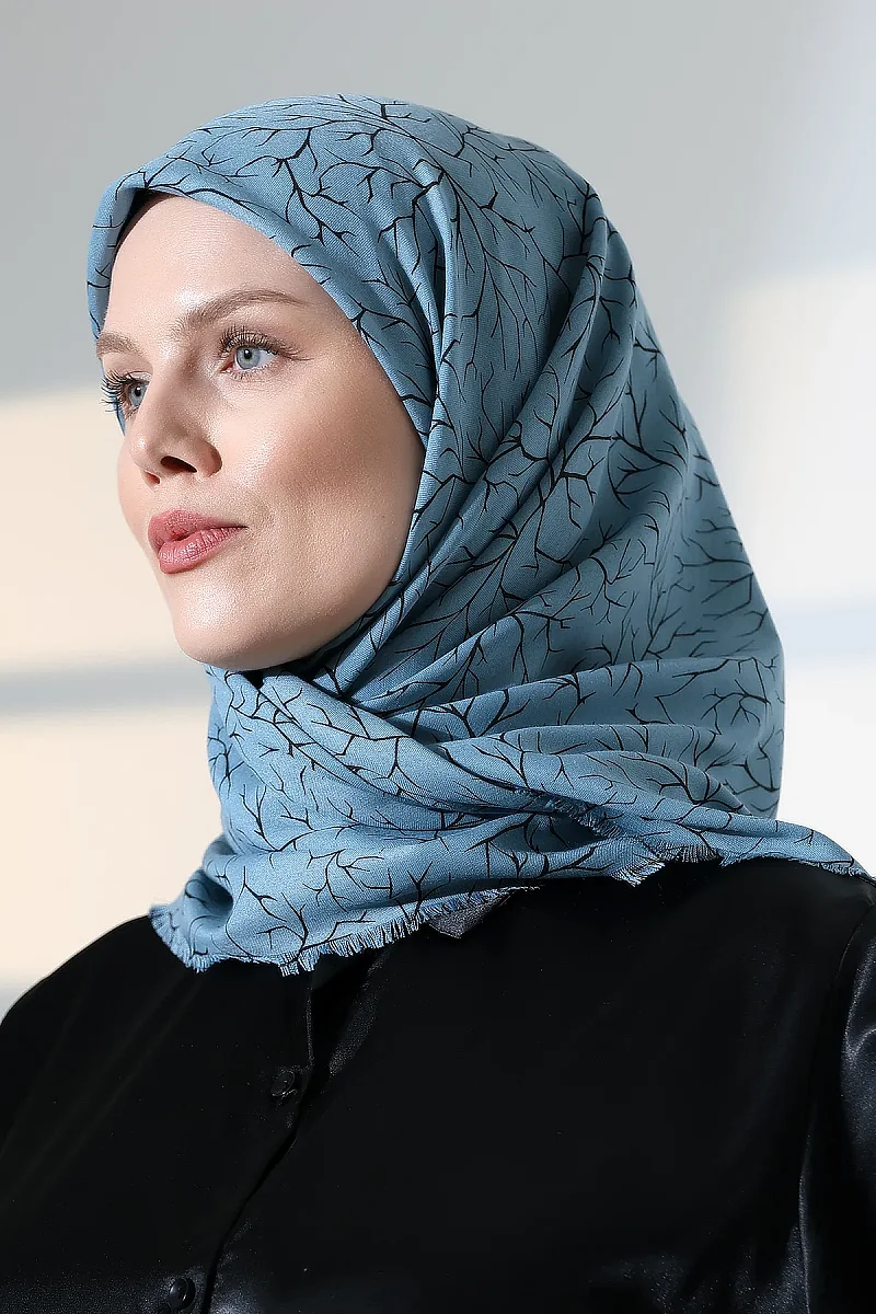 Ağaç Desenli Pamuklu Eşarp, Yumuşak Dokulu Flamlı Yazma Başörtüsü - Mavi - 3