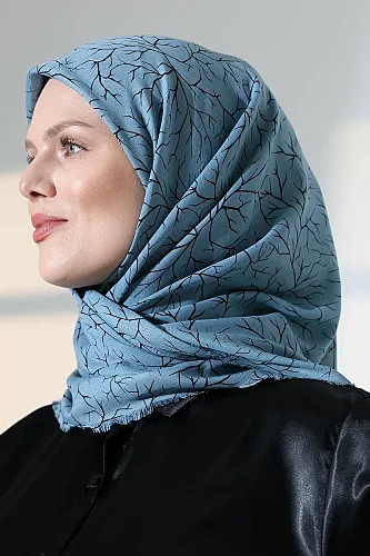 Ağaç Desenli Pamuklu Eşarp, Yumuşak Dokulu Flamlı Yazma Başörtüsü - Mavi - 5