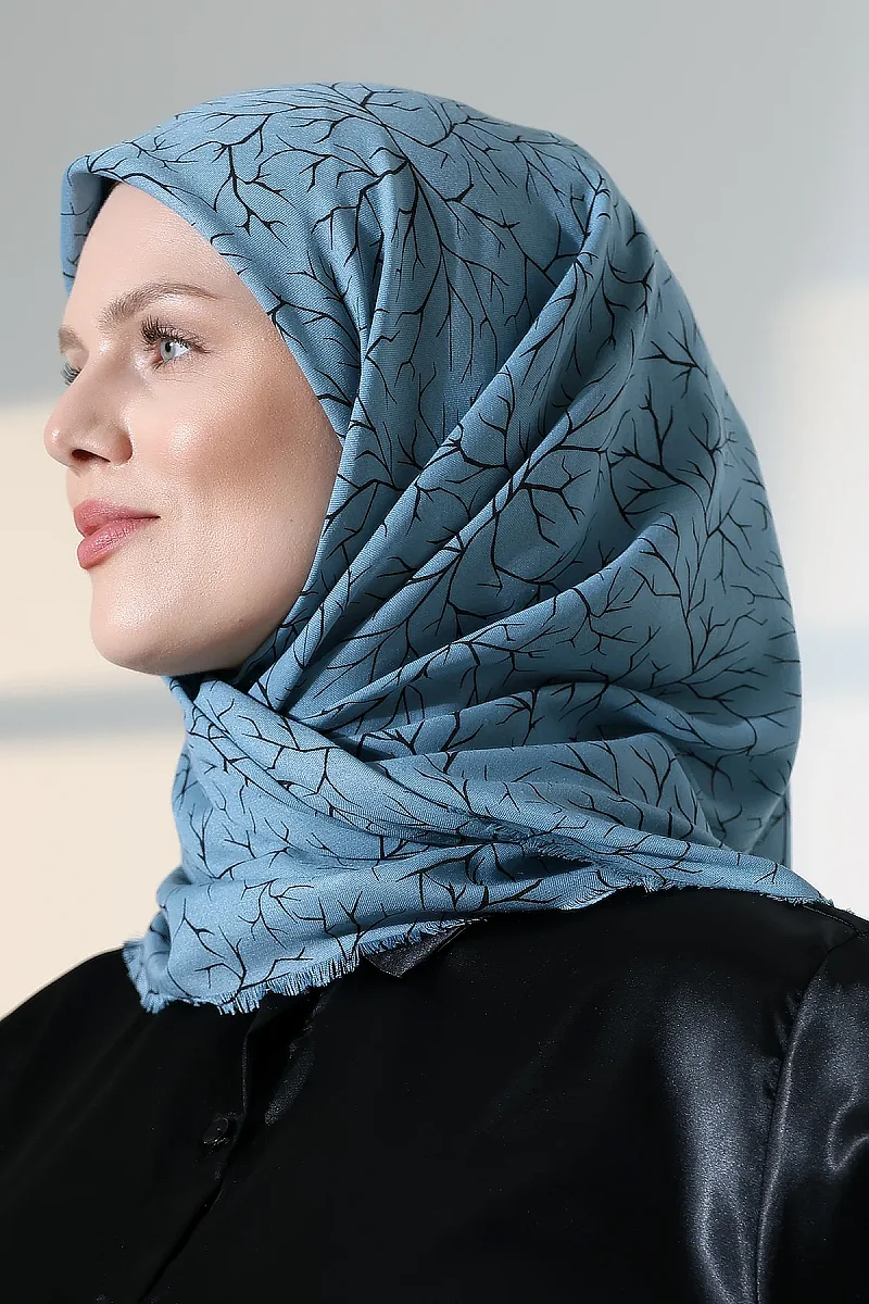 Ağaç Desenli Pamuklu Eşarp, Yumuşak Dokulu Flamlı Yazma Başörtüsü - Mavi - 5