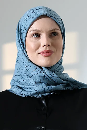 Ağaç Desenli Pamuklu Eşarp, Yumuşak Dokulu Flamlı Yazma Başörtüsü - Mavi - 6
