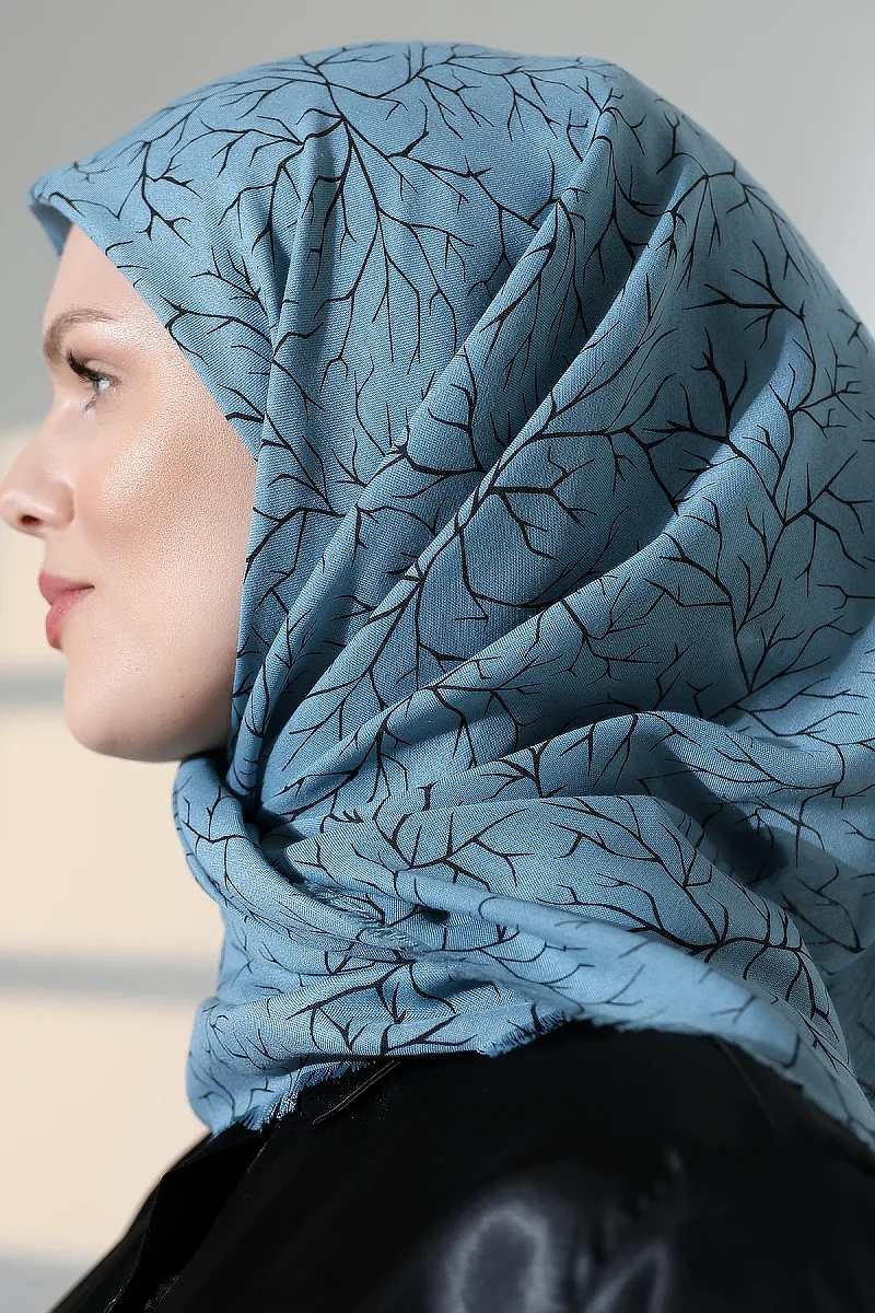 Ağaç Desenli Pamuklu Eşarp, Yumuşak Dokulu Flamlı Yazma Başörtüsü - Mavi - 7