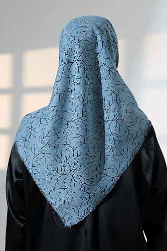 Ağaç Desenli Pamuklu Eşarp, Yumuşak Dokulu Flamlı Yazma Başörtüsü - Mavi - 8