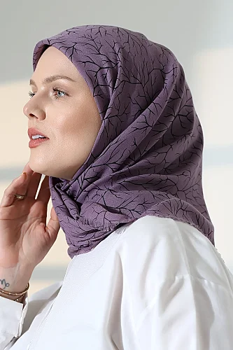Ağaç Desenli Pamuklu Eşarp, Yumuşak Dokulu Flamlı Yazma Başörtüsü - Mor - 4