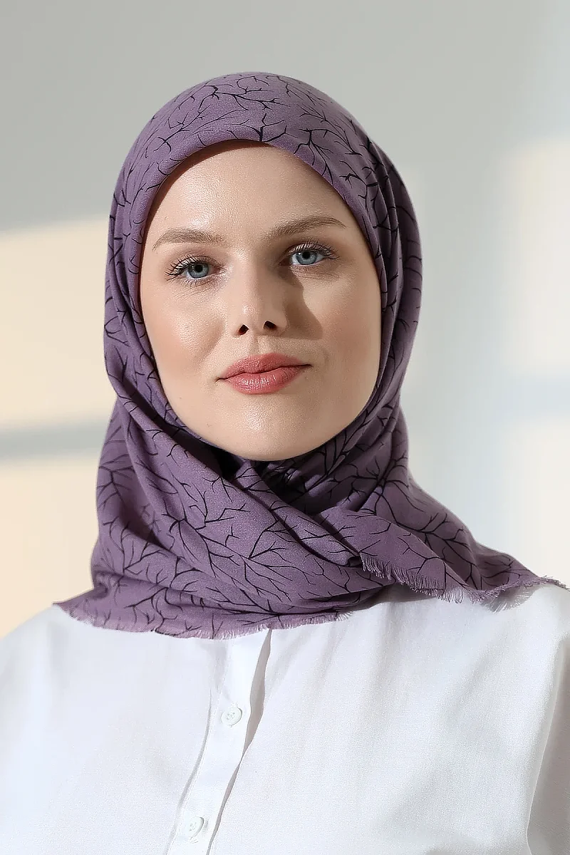 Ağaç Desenli Pamuklu Eşarp, Yumuşak Dokulu Flamlı Yazma Başörtüsü - Mor - 6
