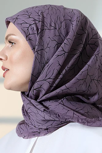 Ağaç Desenli Pamuklu Eşarp, Yumuşak Dokulu Flamlı Yazma Başörtüsü - Mor - 7